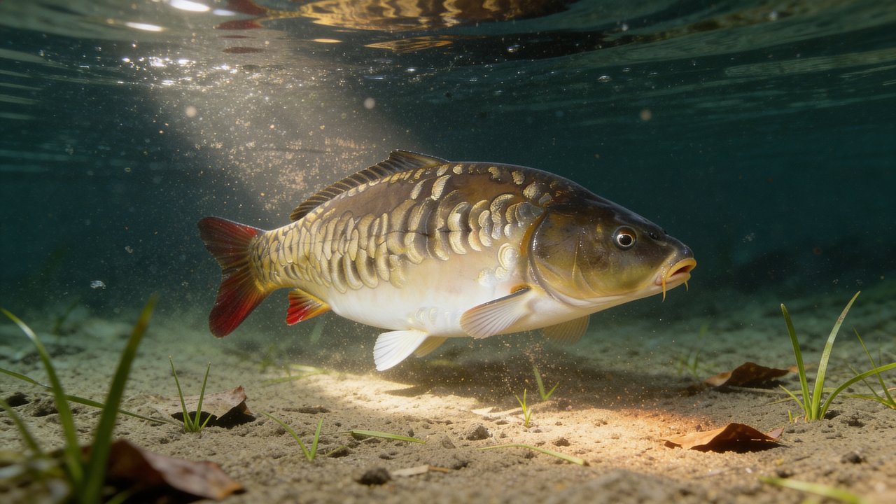 Specimen UK mirror carp held horizontally over a wet unhooking mat at dawn on a mature gravel pit. Deep, plump body with brown to dark-brown back, pale yellowish belly, and sparse scattered scales clustered near the wrist of tail and along the back.