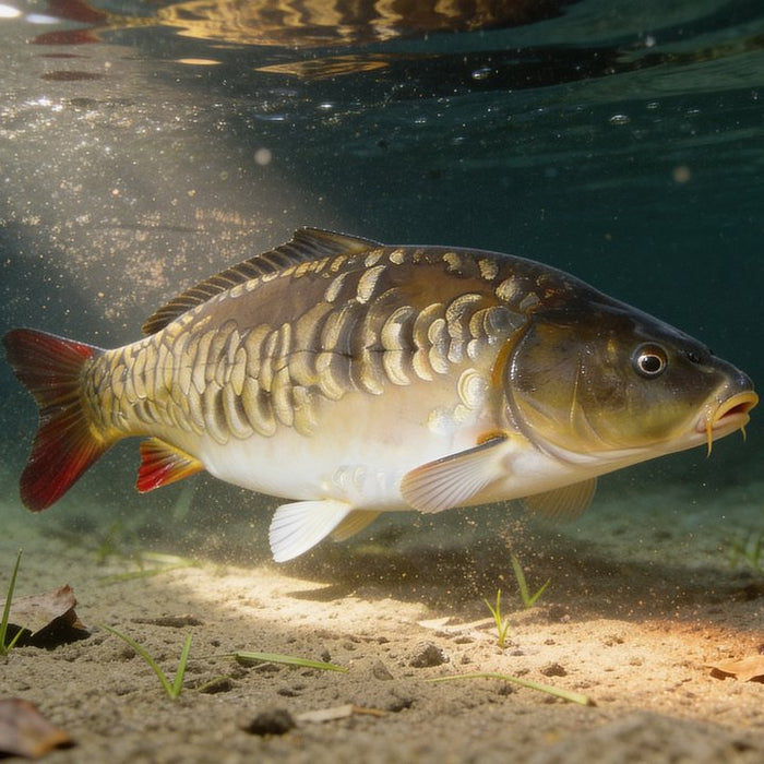 Specimen UK mirror carp held horizontally over a wet unhooking mat at dawn on a mature gravel pit. Deep, plump body with brown to dark-brown back, pale yellowish belly, and sparse scattered scales clustered near the wrist of tail and along the back.