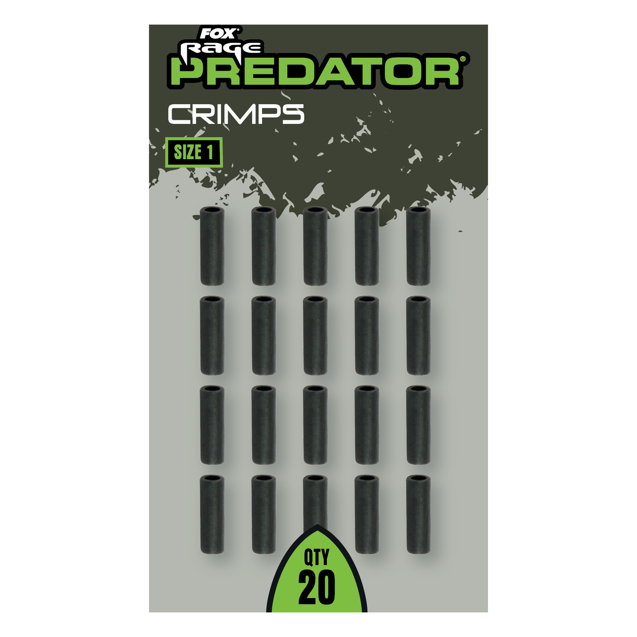Set of black crimps with 'Fox Rage Predator' branding on a green and gray background