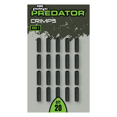 Set of black crimps with 'Fox Rage Predator' branding on a green and gray background