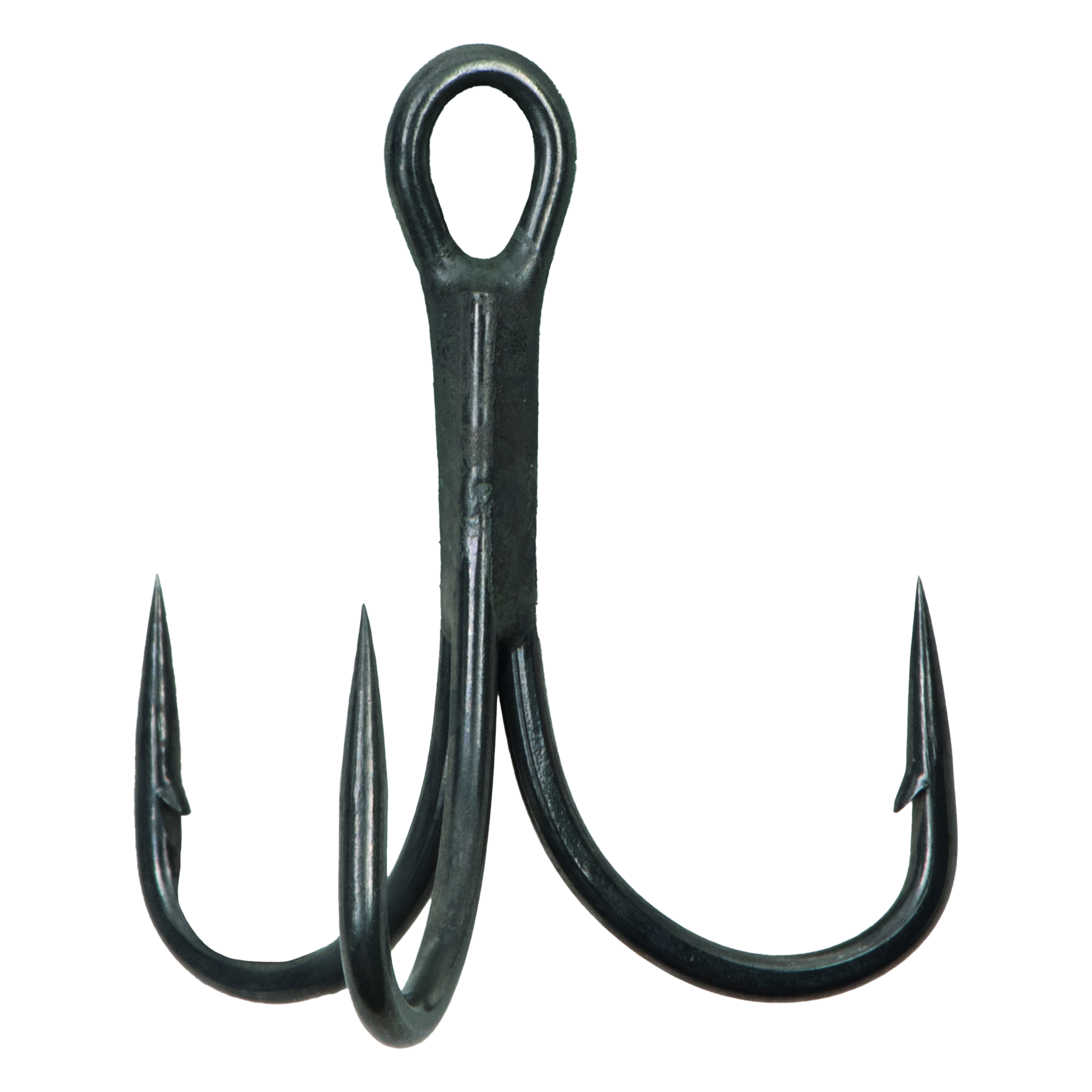 Black treble fishing hook on a white background