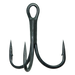 Black treble fishing hook on a white background