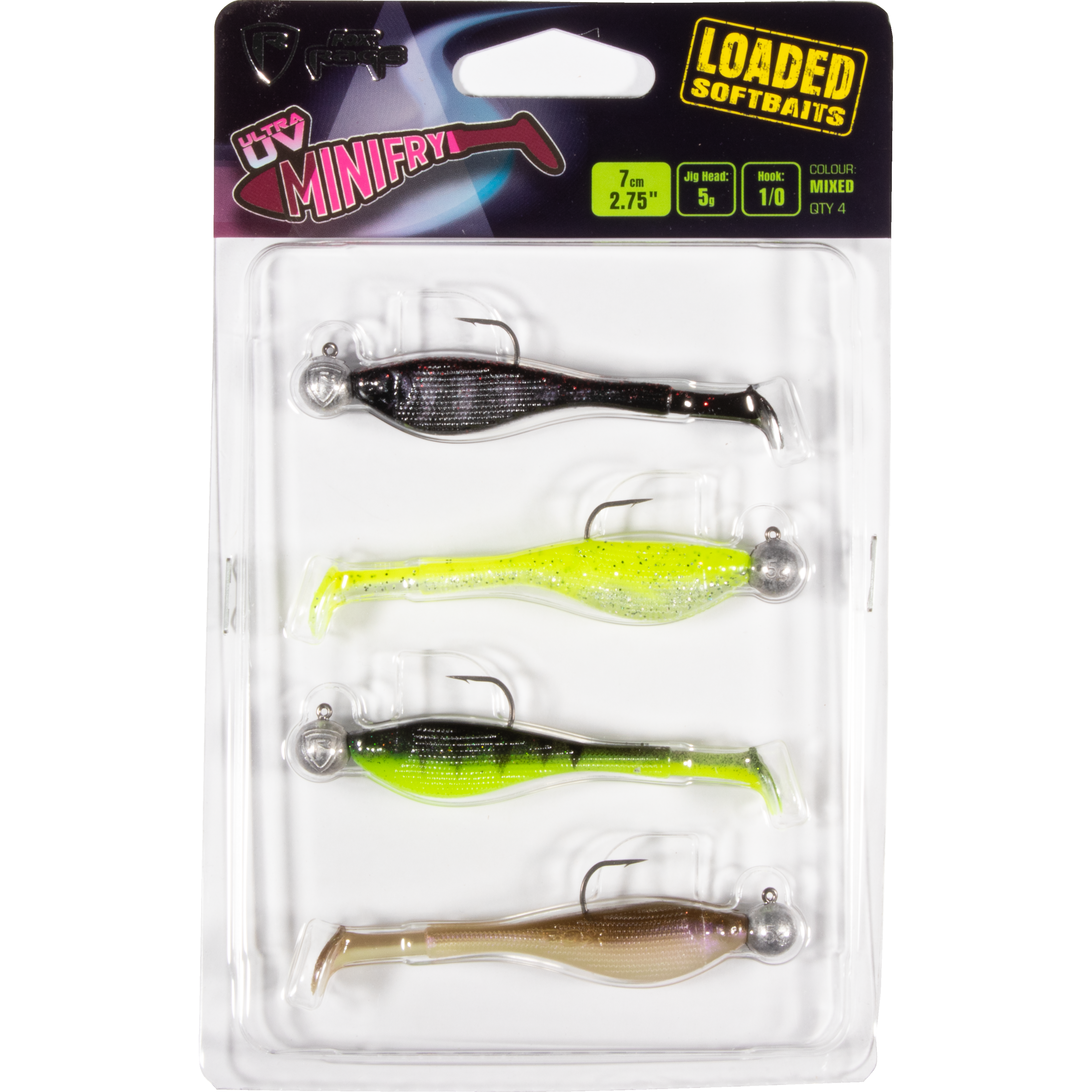 Fox Rage - Mini Fry 4pcs Mixed UV Colour Pack loaded 5g 1 0 Head CA GP W