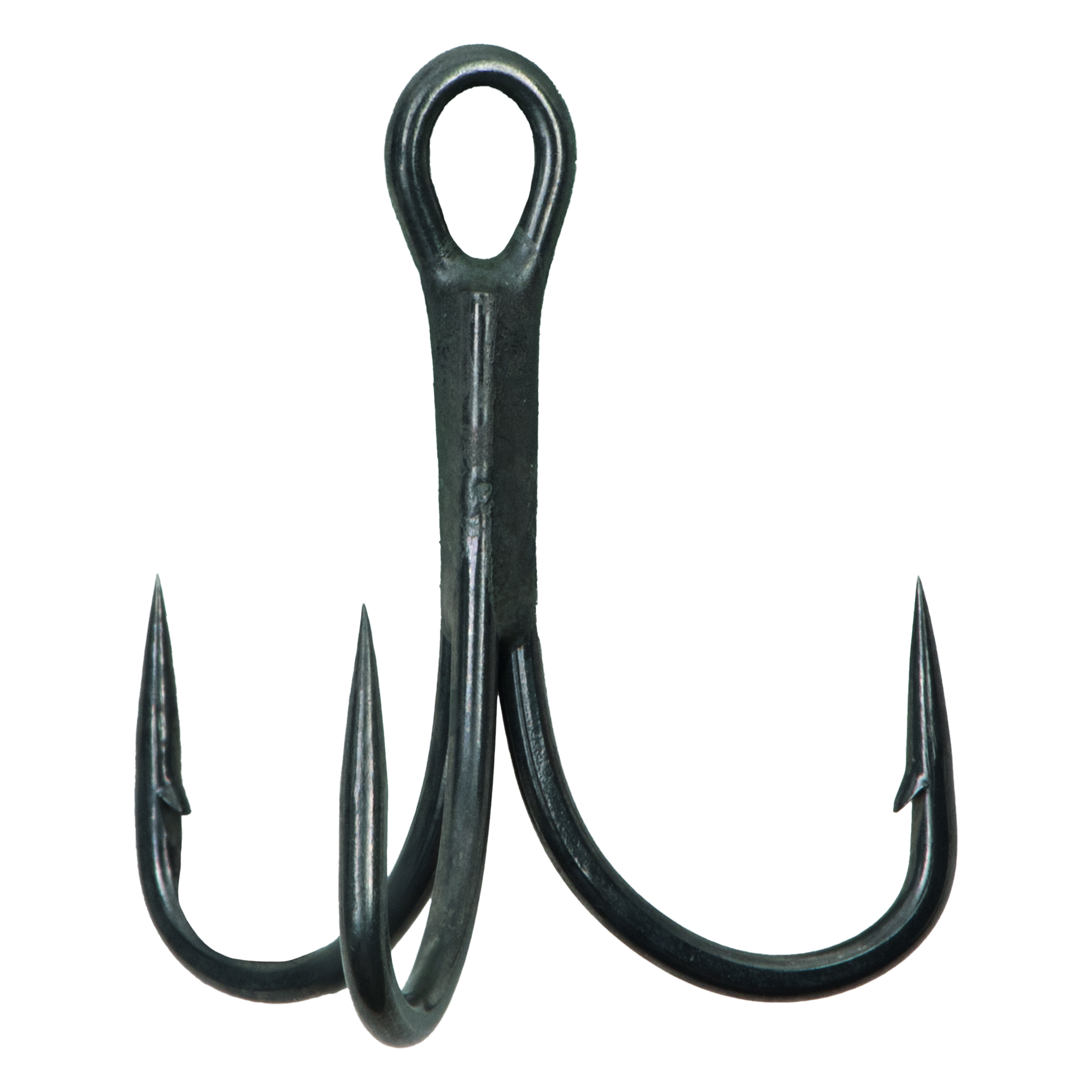 Black treble fishing hook on a white background