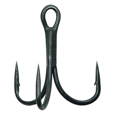 Black treble fishing hook on a white background