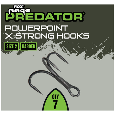 Fox Rage Predator Powerpoint X-Strong Hooks with size 2 and barbed details on a gray background.