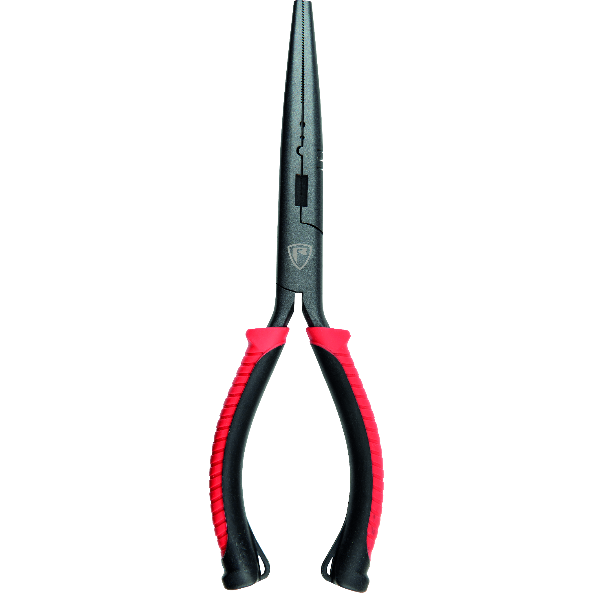 Pair of pliers with black and red handles on a white background
