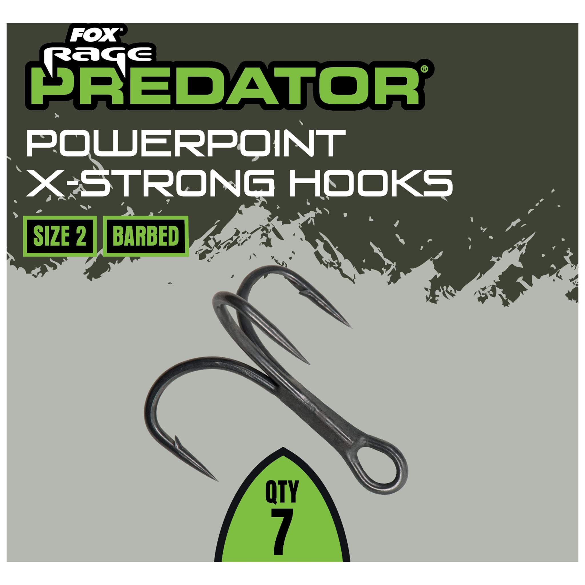 Fox Rage Predator Powerpoint X-Strong Hooks with size 2 and barbed details on a gray background.