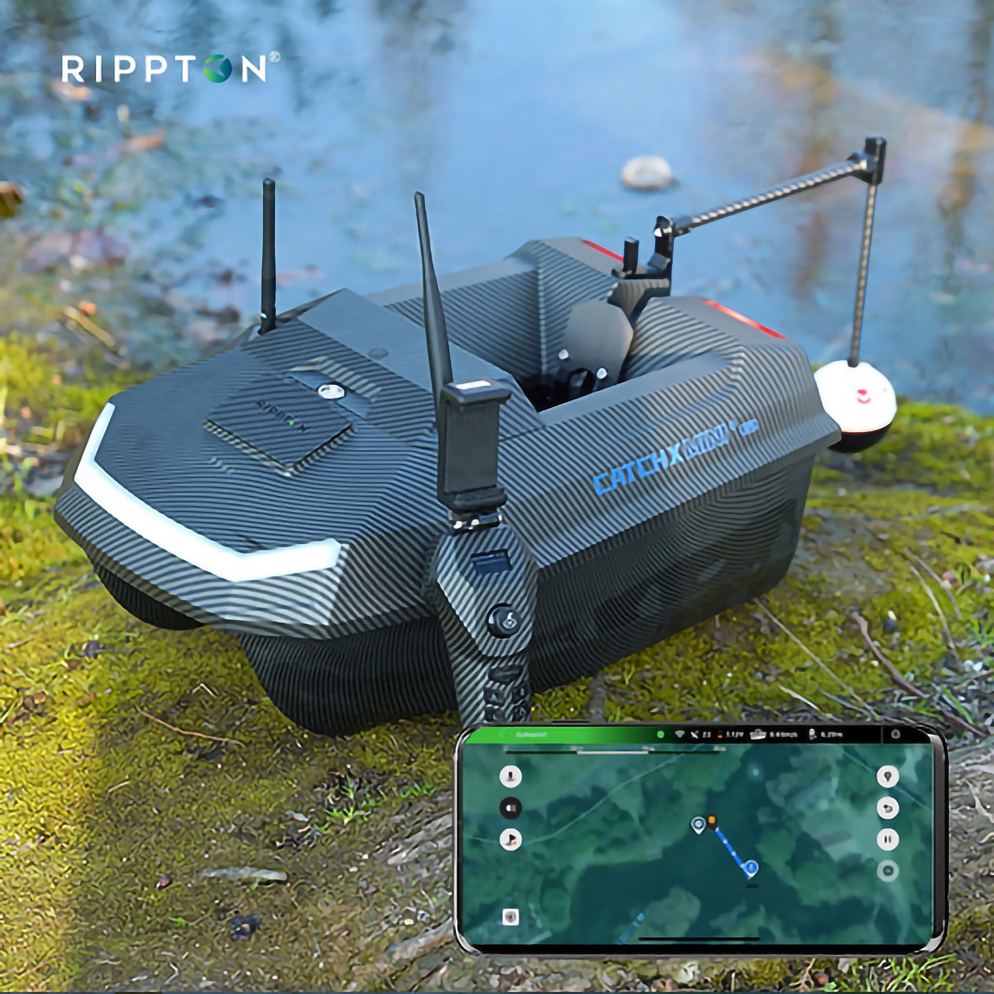 Rippton CatchX Mini Remote Control GPS Fishing Bait Boat - Carbon black fiber pattern