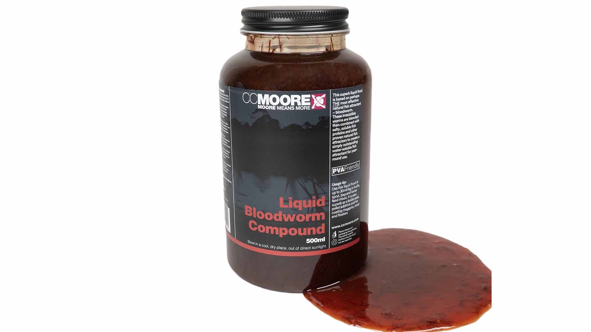 CC Moore Liquid Bloodworm Compound 500ml bottle of deep red bloodworm carp bait liquid