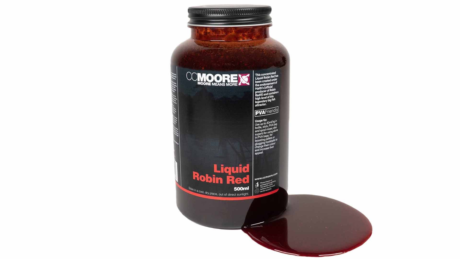CC Moore Liquid Robin Red 500ml bottle of spicy red Robin Red carp bait liquid