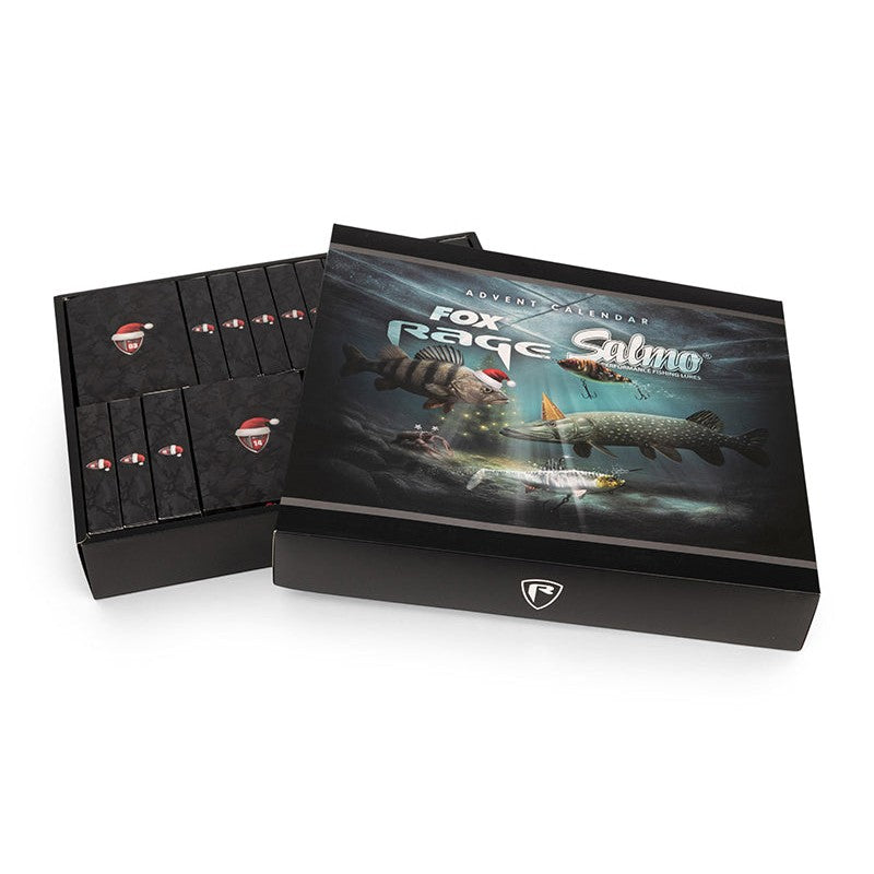 Fox Rage Salmo 2026 Christmas Lure Calendar with sleeve open showing the 24 doors
